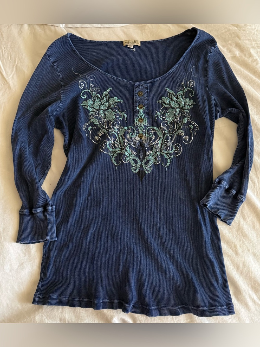 OneWorld 2X Blue Ribbed Henley Top Embellished Floral Y2K Boho Whimsygoth